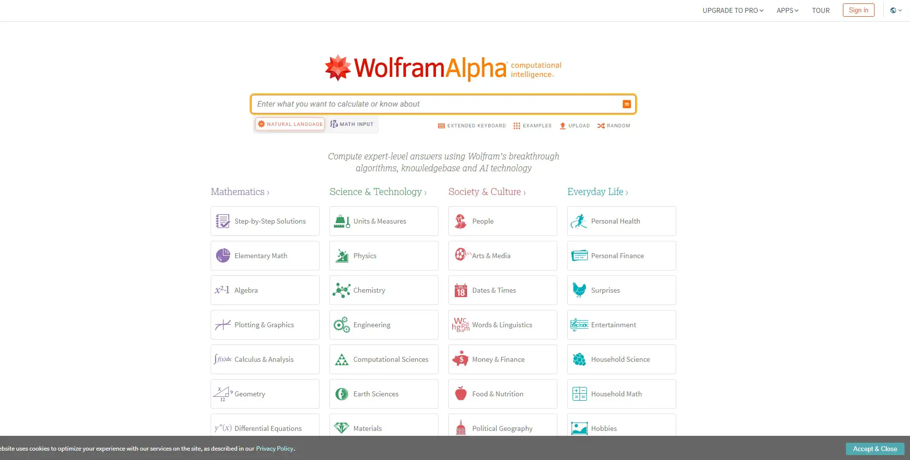 Homepage for Wolframalpha