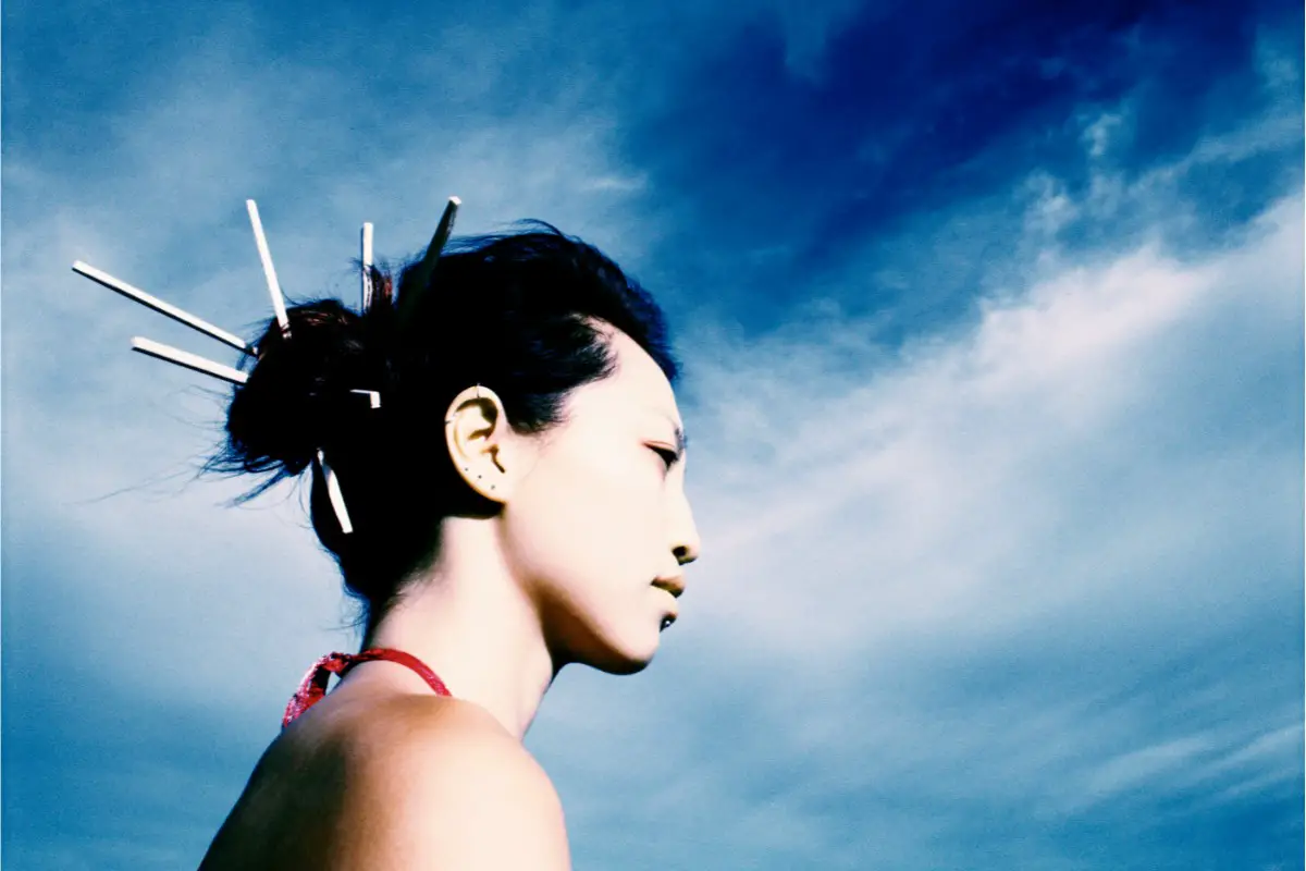 Woman against sky with sticks in hair
